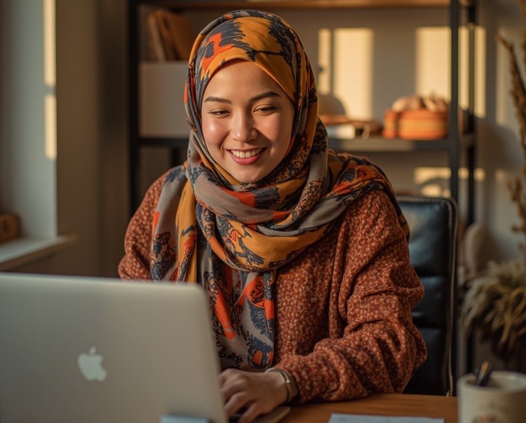 Ilustrasi karyawan bahagia bekerja sekaligus membuka bisnis AI otomatis